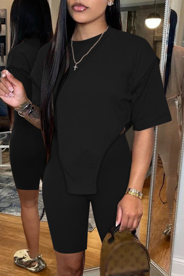 Black Fashion Casual Solid Asymmetrical O Neck Short Sleeve Two Pieces