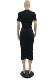 Blue Fashion Casual Solid Hollowed Out Fold O Neck Short Sleeve Dress