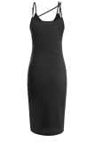 Rose Red Sexy Solid Buckle Spaghetti Strap Irregular Dress Dresses