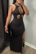 Black Fashion Sexy Solid Hollowed Out Slit O Neck Sleeveless Dress