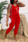 Red Fashion Casual Print Basic O Neck Regular Jumpsuits