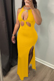 Yellow Fashion Sexy Solid Hollowed Out Slit O Neck Sleeveless Dress