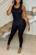 Black Sexy Solid Patchwork Slit U Neck Sleeveless Two Pieces