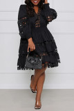 Black Sexy Solid Hollowed Out Patchwork V Neck A Line Dresses