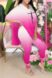 Pink Casual Gradual Change Print Patchwork Slit V Neck Half Sleeve Two Pieces