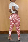 Pink Fashion Casual Print Basic O Neck Short Sleeve Two Pieces