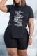 Black Fashion Casual Print Slit Letter O Neck Short Sleeve Two Pieces
