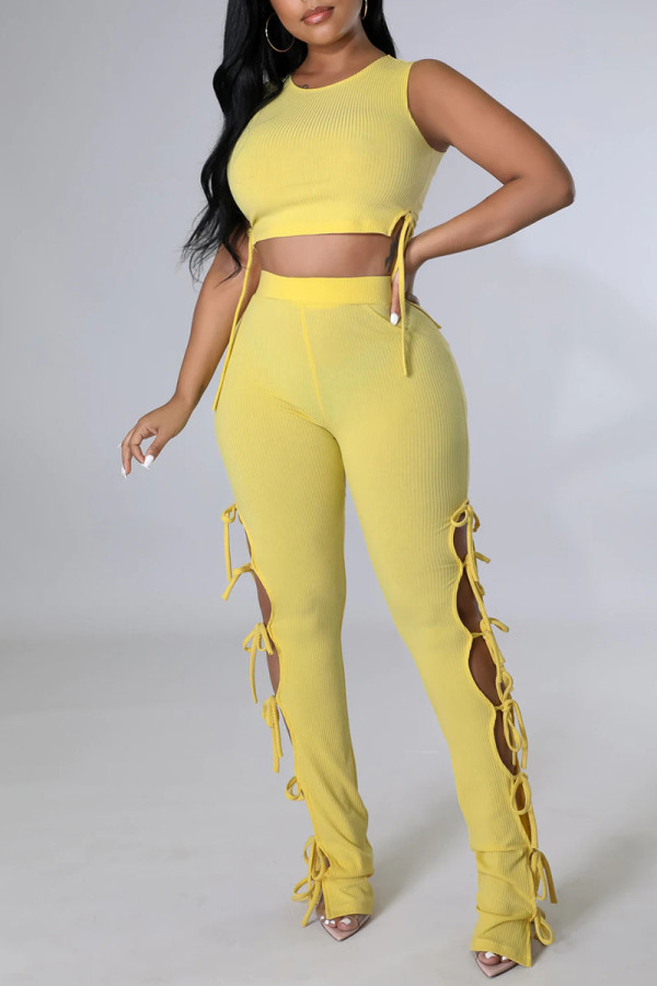 Yellow Sexy Solid Hollowed Out Patchwork Frenulum O Neck Sleeveless Two Pieces