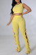 Yellow Sexy Solid Hollowed Out Patchwork Frenulum O Neck Sleeveless Two Pieces