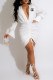 White Fashion Street Print Fold V Neck Wrapped Skirt Dresses