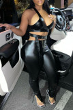 Black Sexy Solid Hollowed Out Patchwork Asymmetrical V Neck Sleeveless Two Pieces