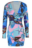 Blue Fashion Sexy Print Split Joint V Neck Long Sleeve Dresses