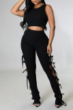 Yellow Sexy Solid Hollowed Out Patchwork Frenulum O Neck Sleeveless Two Pieces