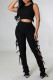 Black Sexy Solid Hollowed Out Patchwork Frenulum O Neck Sleeveless Two Pieces