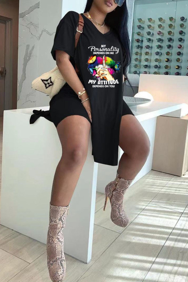 Black Casual Print Patchwork Slit V Neck Short Sleeve Two Pieces