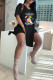 Black Casual Print Patchwork Slit V Neck Short Sleeve Two Pieces