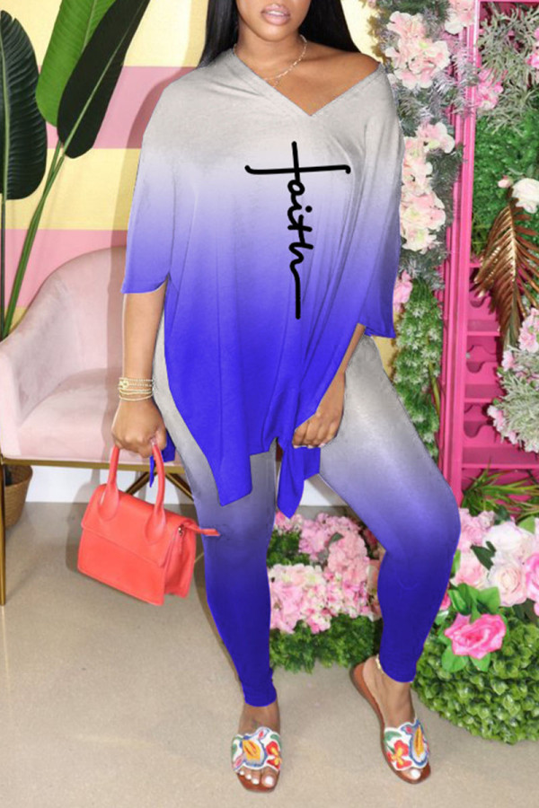 Blue Casual Gradual Change Print Patchwork Slit V Neck Half Sleeve Two Pieces