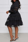 Black Sexy Solid Hollowed Out Patchwork V Neck A Line Dresses