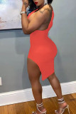 Tangerine Red Sexy Solid Patchwork Backless Asymmetrical Irregular Dress Dresses