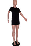 Black Fashion Casual Solid Patchwork O Neck Short Sleeve Two Pieces
