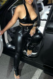 Black Sexy Solid Hollowed Out Patchwork Asymmetrical V Neck Sleeveless Two Pieces