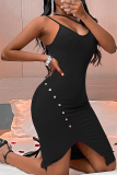 Rose Red Sexy Solid Buckle Spaghetti Strap Irregular Dress Dresses