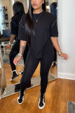 Black Fashion Casual Solid Asymmetrical O Neck Half Sleeve Two Pieces