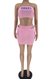 Pink Fashion Sexy Letter Print Bandage Backless Strapless Sleeveless Two Pieces