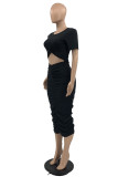 Blue Fashion Casual Solid Hollowed Out Fold O Neck Short Sleeve Dress