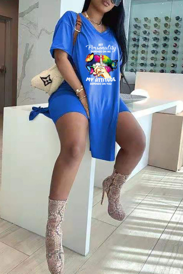 Blue Casual Print Patchwork Slit V Neck Short Sleeve Two Pieces