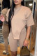 Khaki Fashion Casual Solid Asymmetrical O Neck Short Sleeve Two Pieces