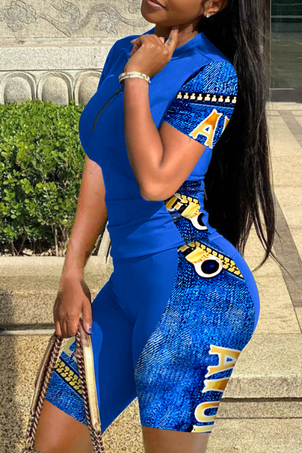 Blue Sexy Print Patchwork O Neck Short Sleeve Two Pieces