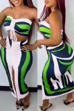 Multicolor Sexy Striped Print Patchwork Draw String Fold Strapless Sleeveless Two Pieces
