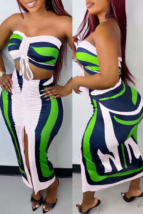 Multicolor Sexy Striped Print Patchwork Draw String Fold Strapless Sleeveless Two Pieces