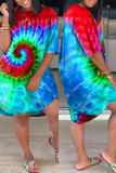 Red Fashion Casual Print Tie Dye Basic O Neck Short Sleeve Dress