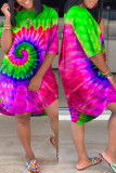 Red Fashion Casual Print Tie Dye Basic O Neck Short Sleeve Dress