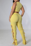 Yellow Sexy Solid Hollowed Out Patchwork Frenulum O Neck Sleeveless Two Pieces