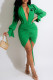 Green Fashion Street Print Fold V Neck Wrapped Skirt Dresses