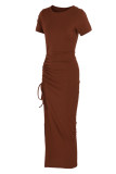 Coffee Sexy Solid Patchwork Slit Fold O Neck Straight Dresses