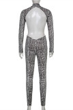 Silver Fashion Sexy Print Backless Zipper Collar Skinny Jumpsuits