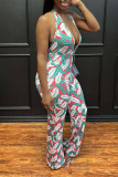 Red Sexy Print Patchwork Halter Regular Jumpsuits