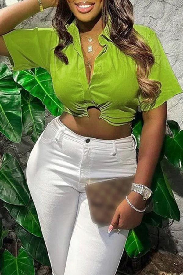 Green Casual Solid Patchwork Turndown Collar Tops