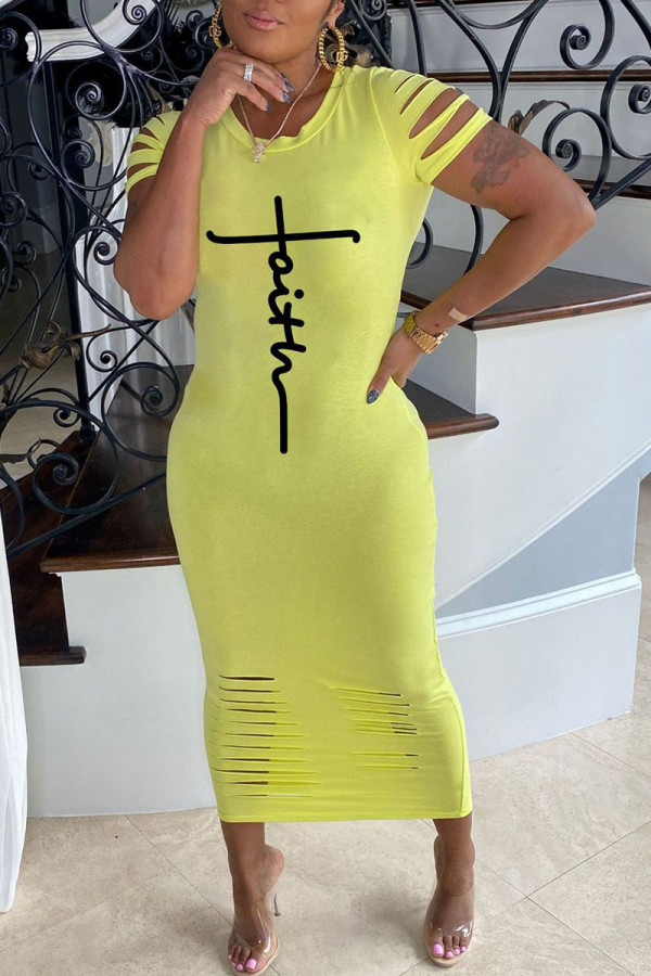 Yellow Casual Print Burn-out O Neck One Step Skirt Dresses