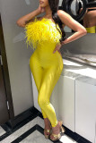 Blue Sexy Solid Patchwork Feathers Strapless Regular Jumpsuits