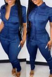 Blue Fashion Sexy Solid Basic Turndown Collar Skinny Jumpsuits