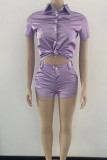 Purple Casual Solid Patchwork Buckle Turndown Collar Short Sleeve Two Pieces