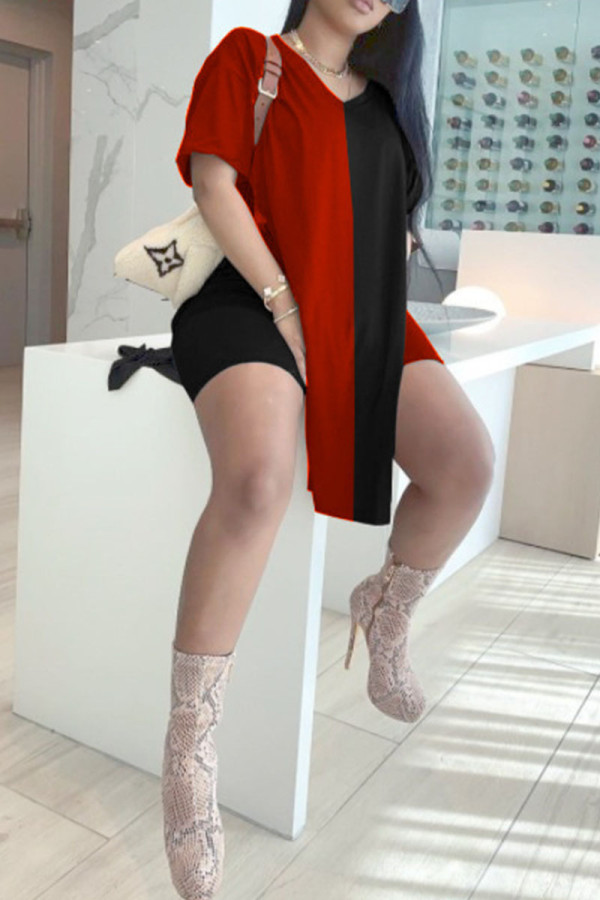 Black Red Casual Solid Patchwork Slit V Neck Short Sleeve Two Pieces