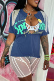 Blue Sexy Print Tassel Patchwork V Neck T-Shirts