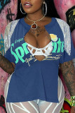 Blue Sexy Print Tassel Patchwork V Neck T-Shirts