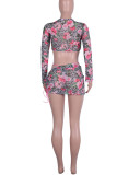 Colour Sexy Print Bandage Patchwork See-through V Neck Long Sleeve Three Pieces